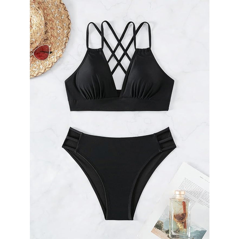 Ensemble de bikini double bracelet noir pour femmes