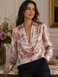Retro Ink-wash Floral Lapel Deep-V Satin Blouse