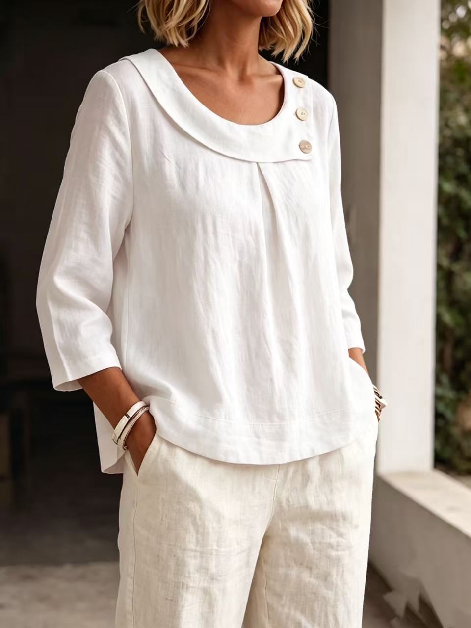 European And American Amazon Cotton and Line Casual Elegant Workwear Round Neck Shirt Loo