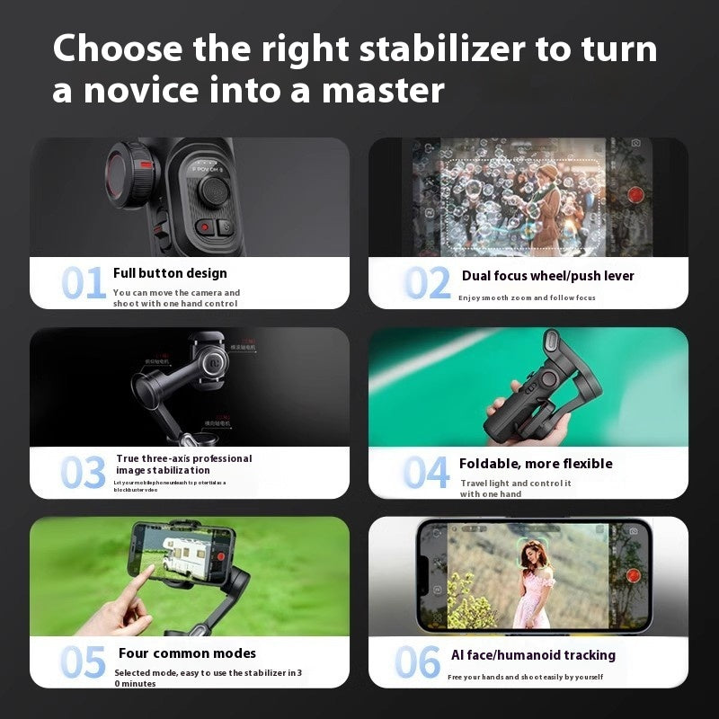 Selfie Trois axes Anti-shake Tripod main tête stabilisateur téléphone mobile