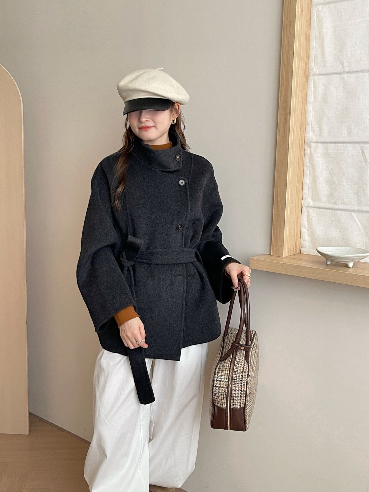 Dentelle Dentelle mi-longueur Double face Laine Coat Femme Laine Vêtements de dessus