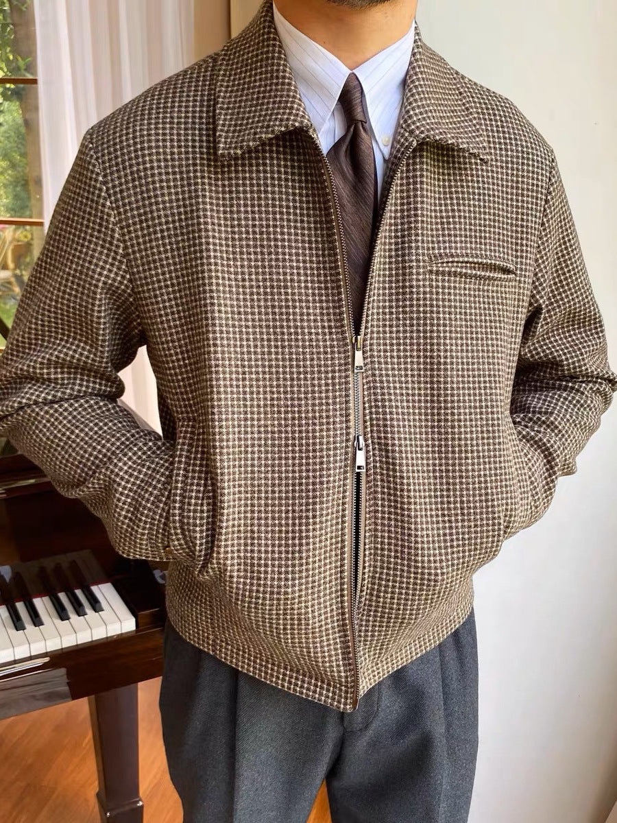 Retro Zipped Houndstooth Casual Coat Retro Lapel Casual Warm Jack à la main