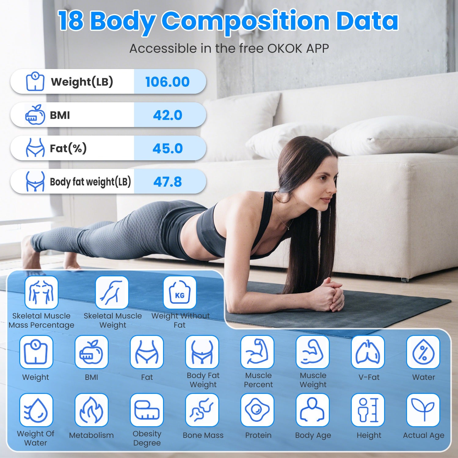 Échelle numérique intelligente pour le poids corporel Haute précision BMI Échelle de poids Composition du corps complet A