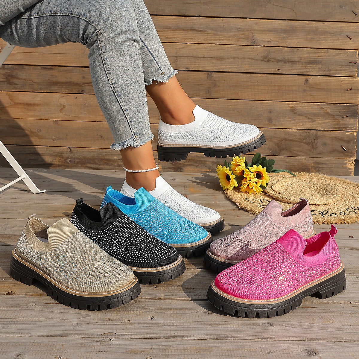 Sneakers casual féminins en Strass-Embelled Stretchy