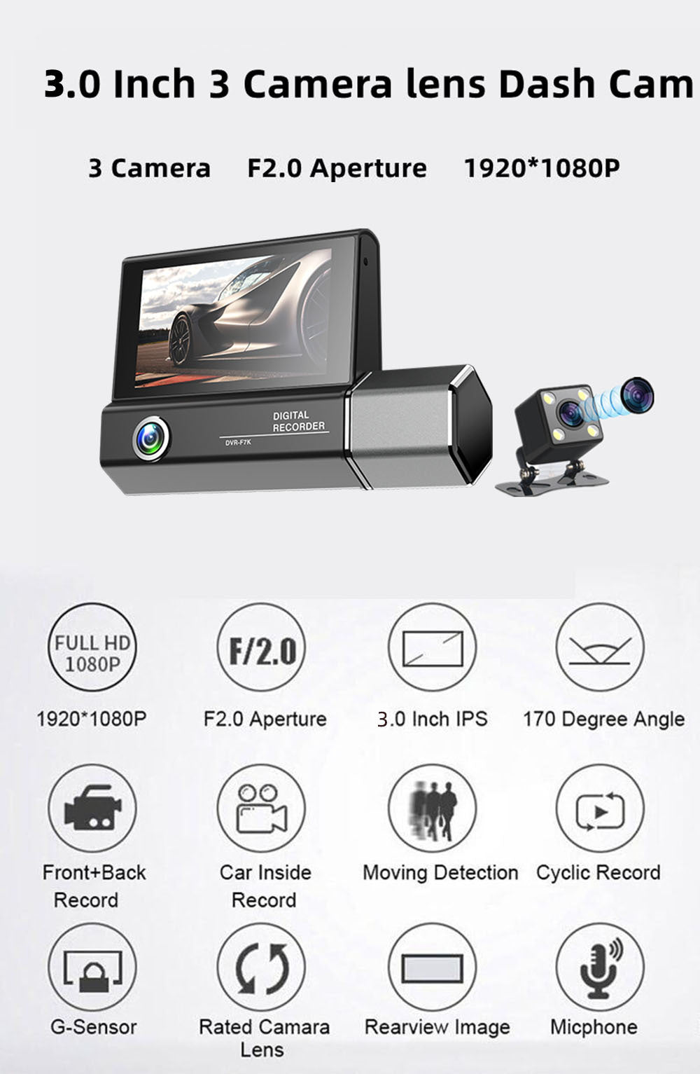 3 Lens Video HD 1080 P Tachygraphe