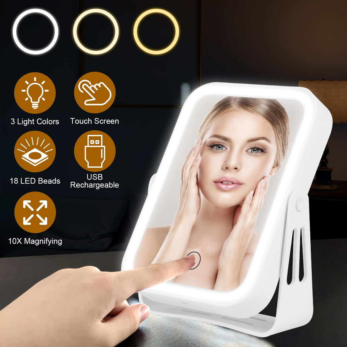 1Pc 10X miroir de maquillage lumineux grossissant Double côté miroir de maquillage de voyage avec 3 lumière Co