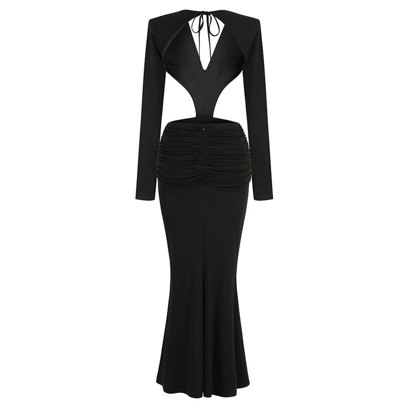 Sexy Col en V manches longues sans dos taille de jupe fleur décorative Split robe de queue de poisson
