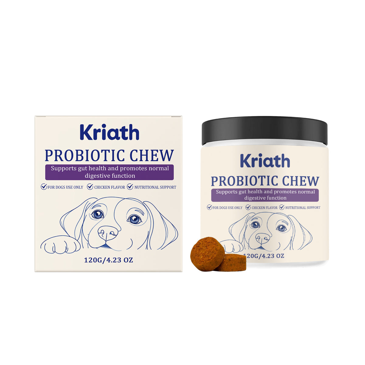 Les comprimés à croquer probiotiques de Kriath Dog sont préparés pour s'occuper doucement des chiens et sont utilisés