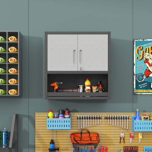 Armoire de rangement en métal mural avec porte de verrouillage et 1 plateau 1 tiroir ouvert pour