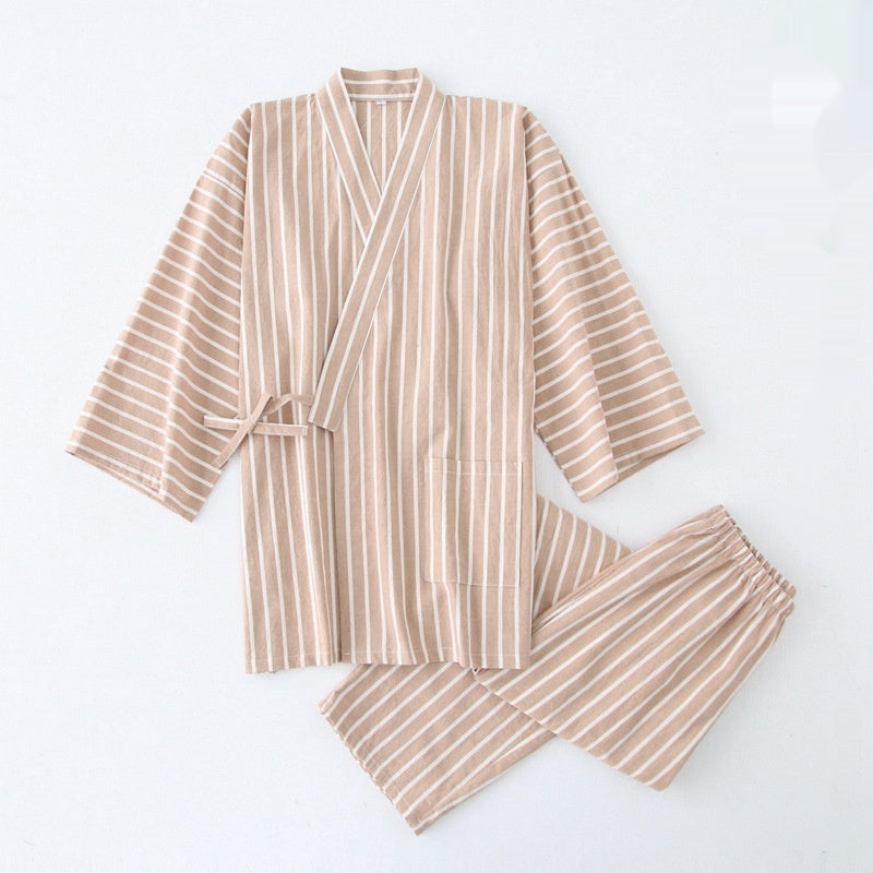 Coton Lavé Pyjama costume mince rayé hommes et femmes japonais couple Kimono pantalons