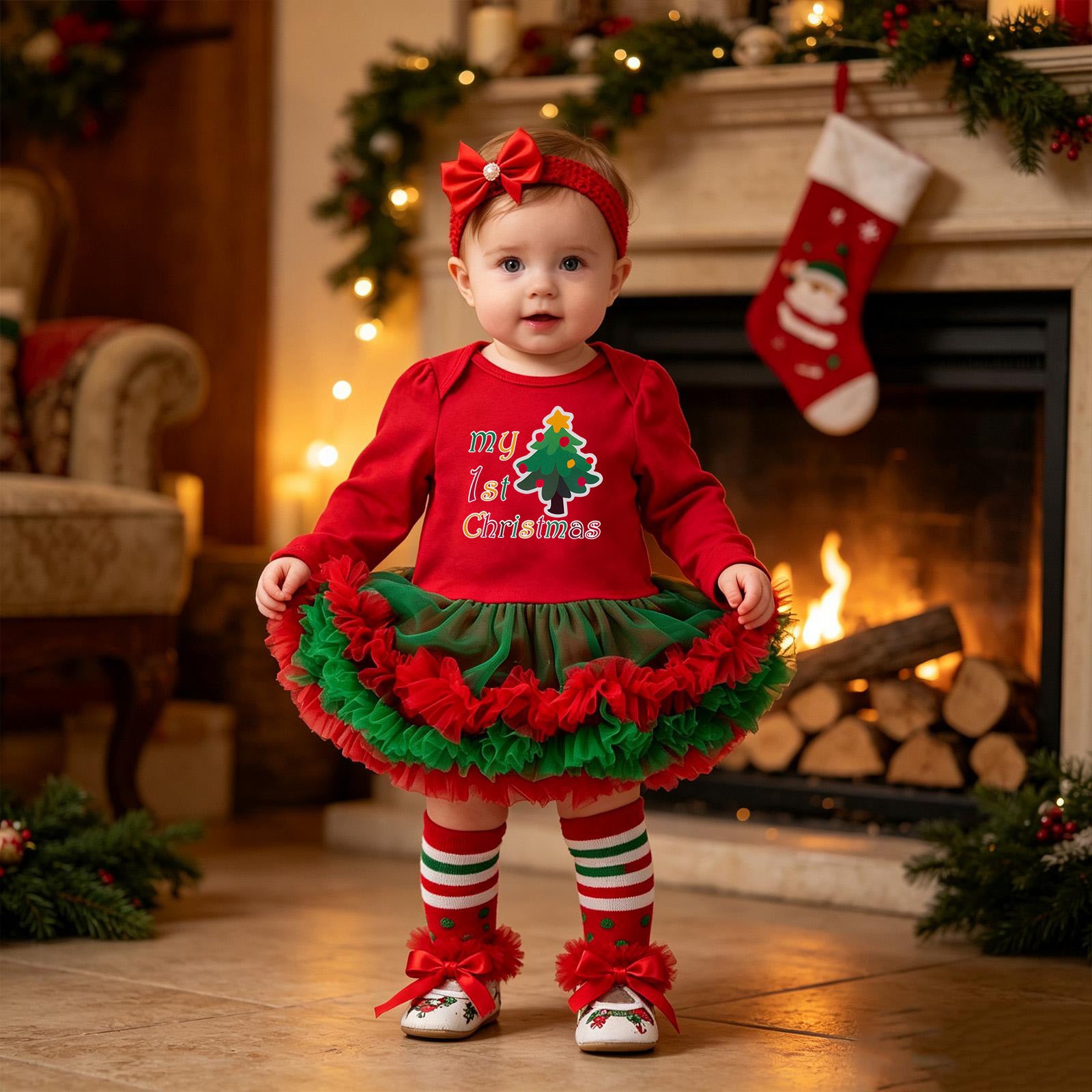 Bébé Noël à manches longues Robe de Romper rouge Tulle Une pièce Ensemble de quatre pièces
