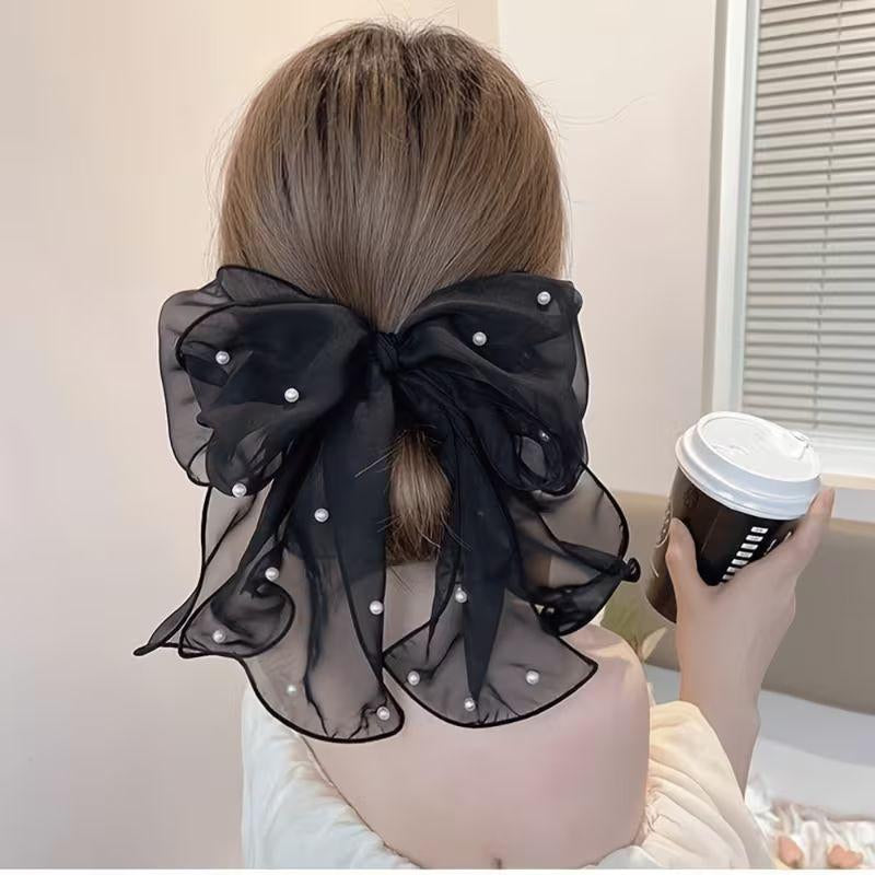 Perle Fil de Neige Large Bow Clip pour cheveux - Accessoire pour cheveux de queue de cheval demi-haut pour femmes auto-épic