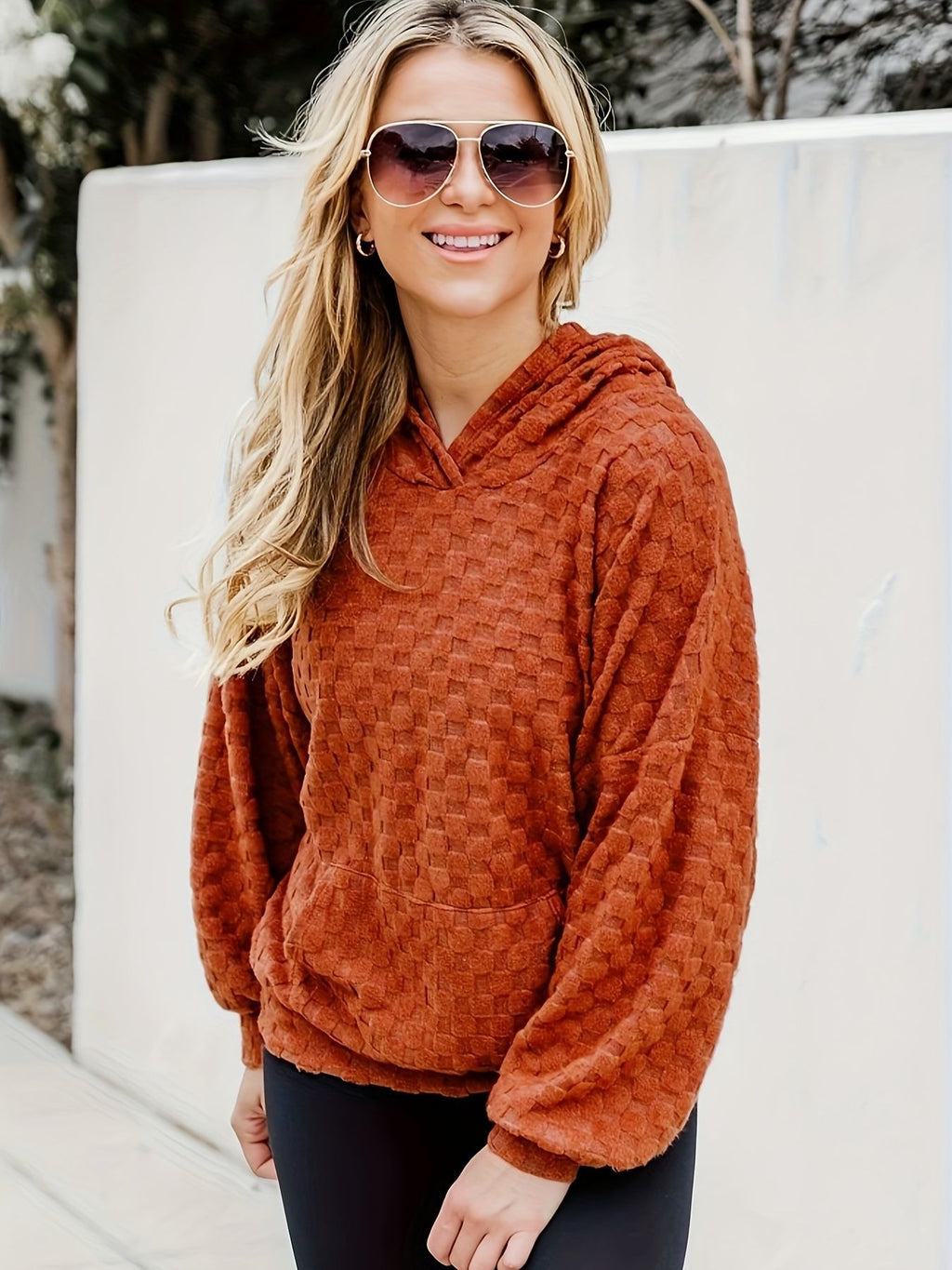 Autumn And Winter European and American Fashion Women's Waffle Knit Loose and Casual Hoode