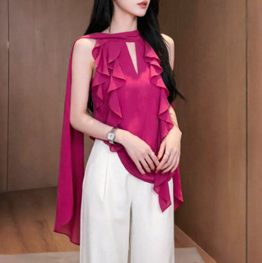 Chemise française sans manches volante pour femme