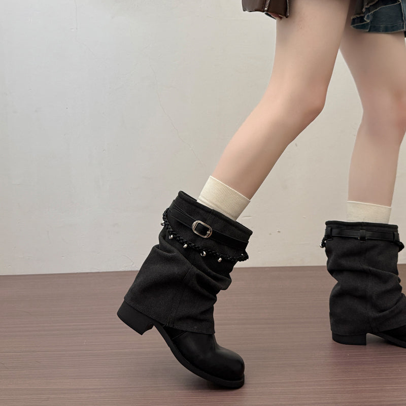 Style Vintage Block Talon plissé Pantalons Tube Bottes Femmes Automne Arrivée Trendy Fashion Boo