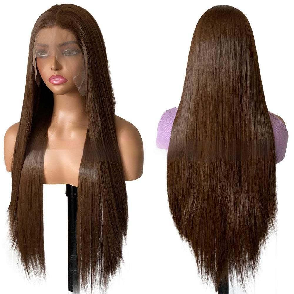 Perruque femelle brune longue droite ligne de cheveux artificielle tête de dentelle