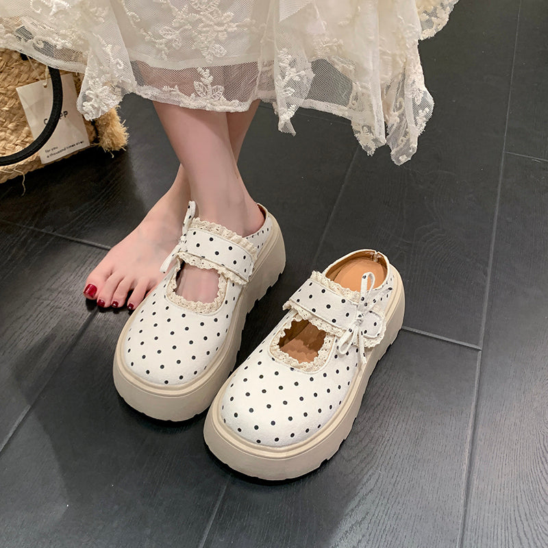 Femmes Sweet Lolita Polka Dot Dentelle Trim Platform Mule Flats Matching Daily