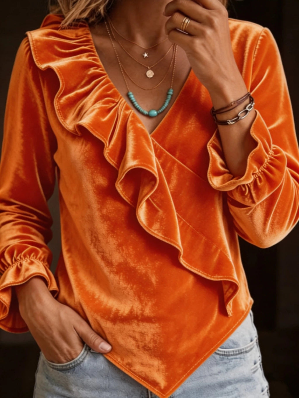 Femmes Velvet V-cou Rufflé Top