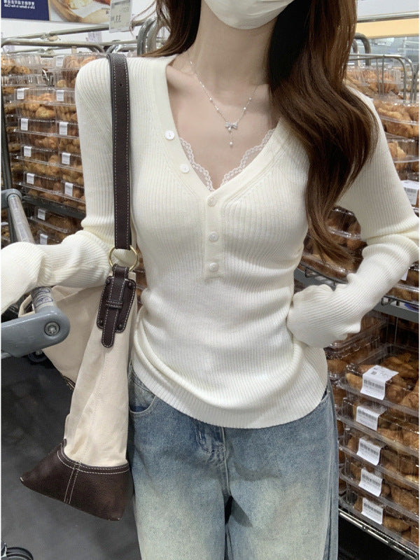 Début Automne Style coréen Élégant col V Boutonné Slim-fit Long-Sleeve Top