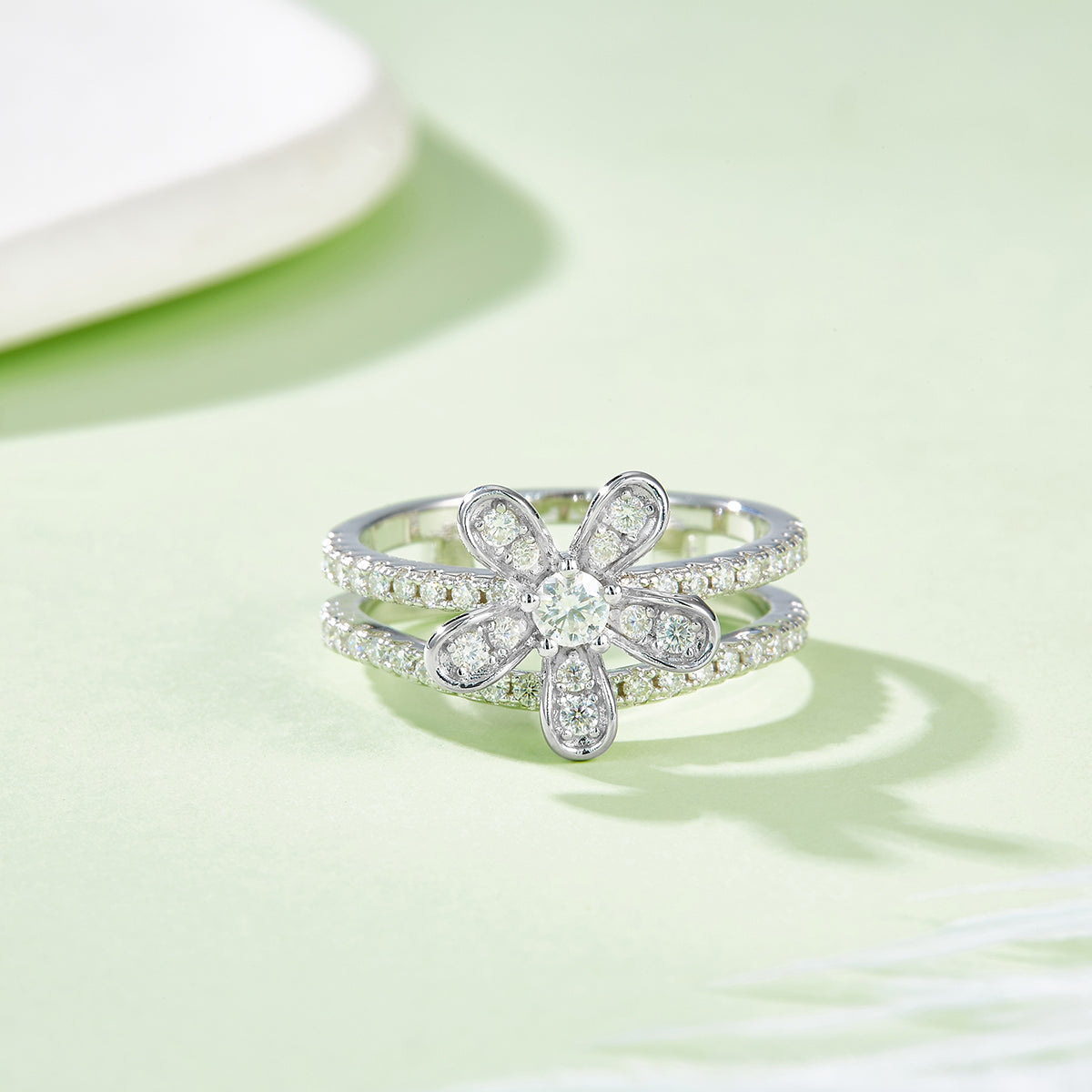 S925 Argent Sterling 3mm Moissanite Fleur Anneau Pave Double Bande D Couleur VVS1 US Taille 5-9
