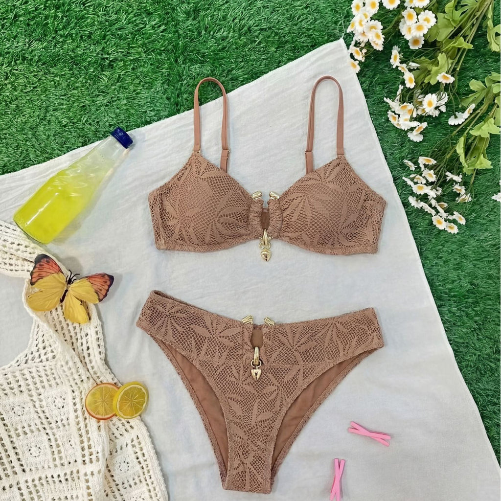 Mesh Sheer Pattern Soft Cup Bikini U en forme de cadre en métal