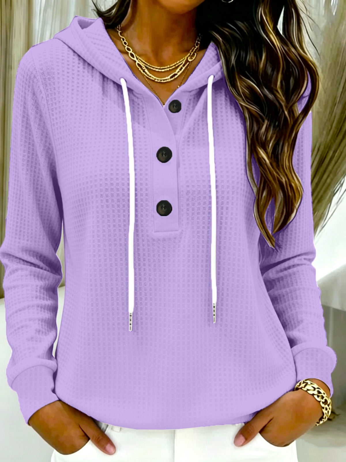 Button-Up V-Neck Long Sleeve Pullover Sports Hoodie