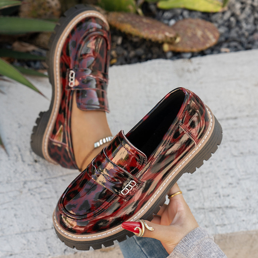 Cuir d'automne ceinture-Buckle Patent cuir Leopard-Imprimé Vintage Femmes Chaussures
