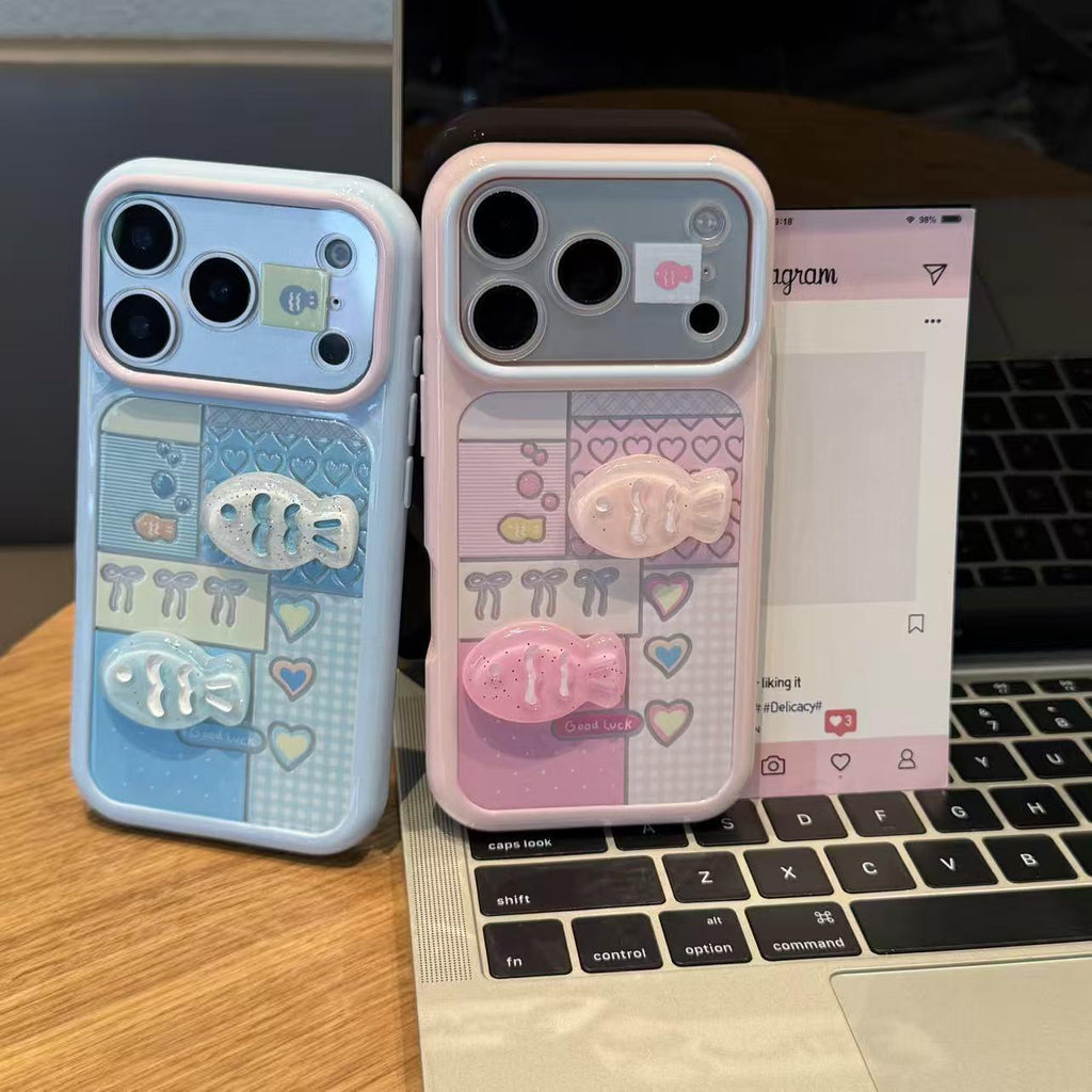 Coeur Plaid en bloc de couleur et cas de téléphone de poisson 3D