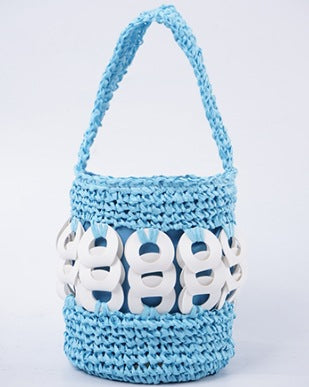 Crochet de main de monnaie de cuivre bouton sac seau Straw Woven Purse