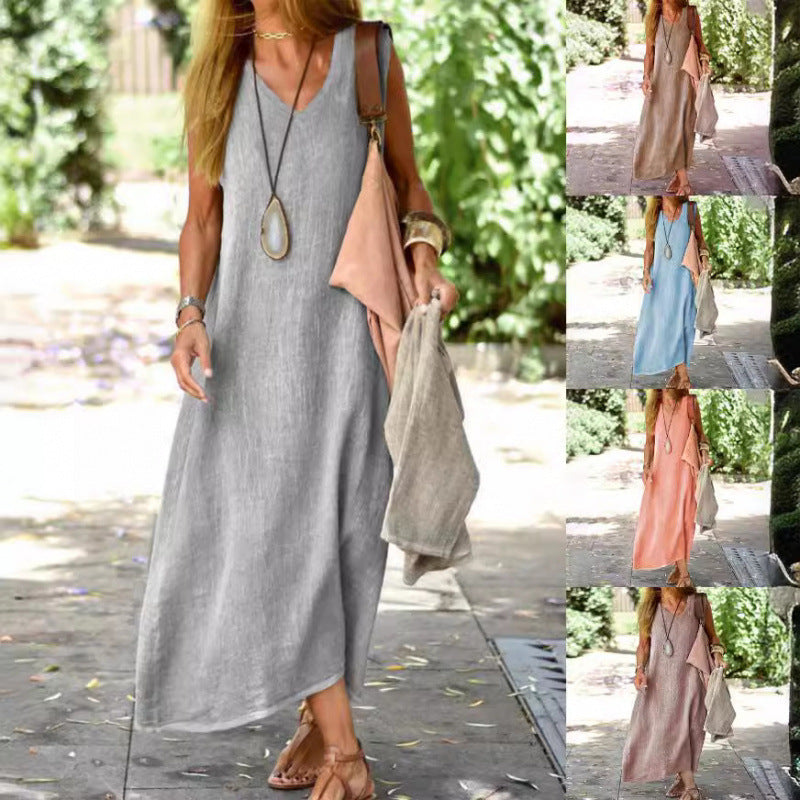 Robe d'été européenne et américaine Femme Mode Coton polyvalent Et robe de chanvre