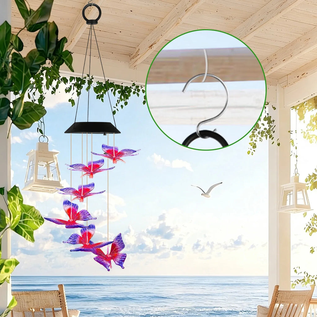 Chimes de vent solaire extérieur avec conception papillon