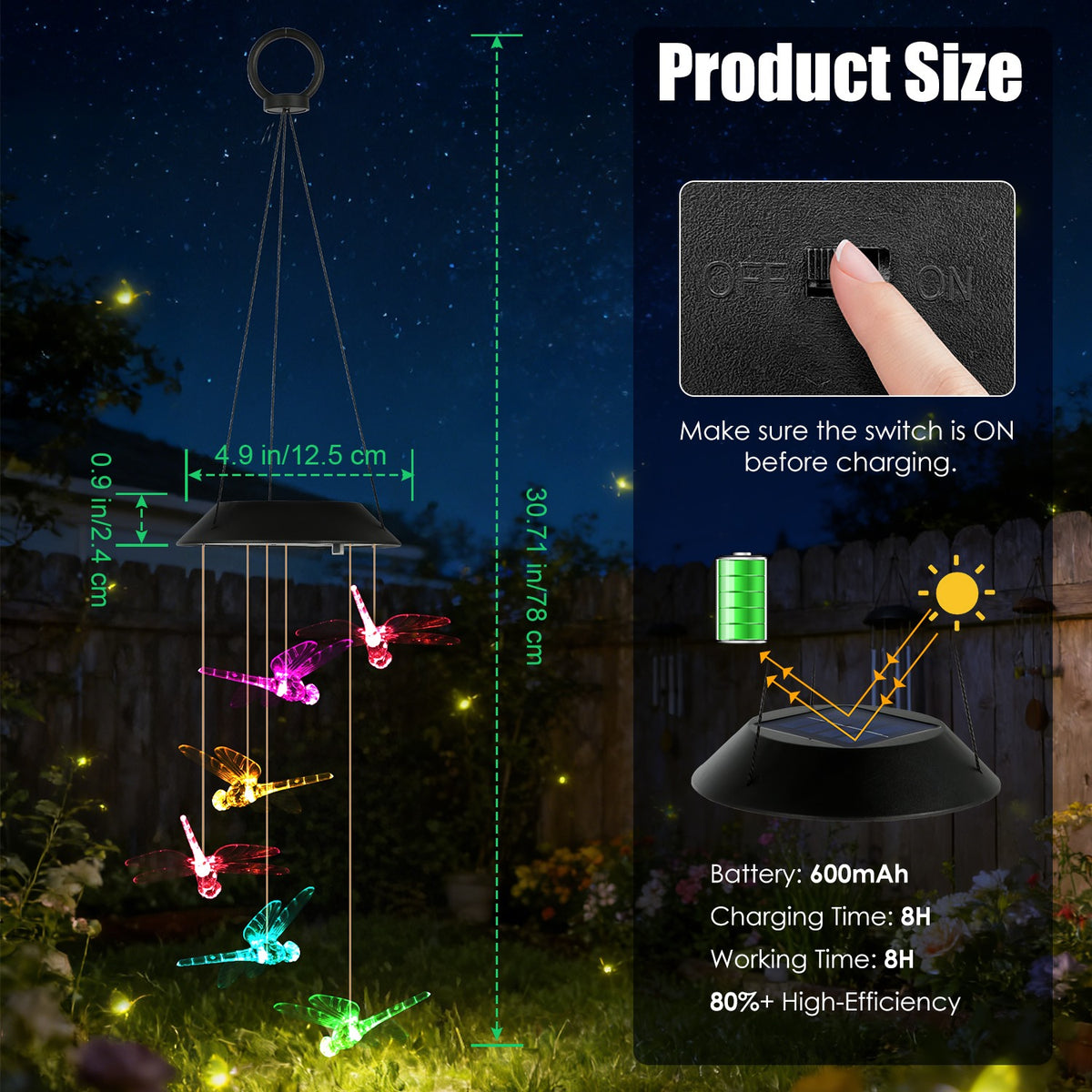 1Pc 2Pc Quantity Options Solar Dragonfly Wind Chime 7 Color Changing for Outside