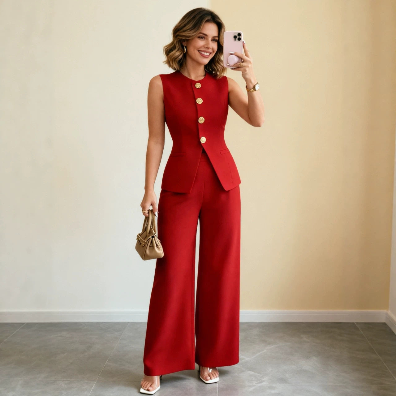 Élégant Veste de couleur unie et pantalons à deux pièces