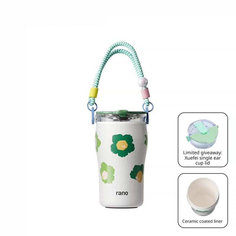 Tasse de café thermique en acier inoxydable et en céramique avec une paille intégrée