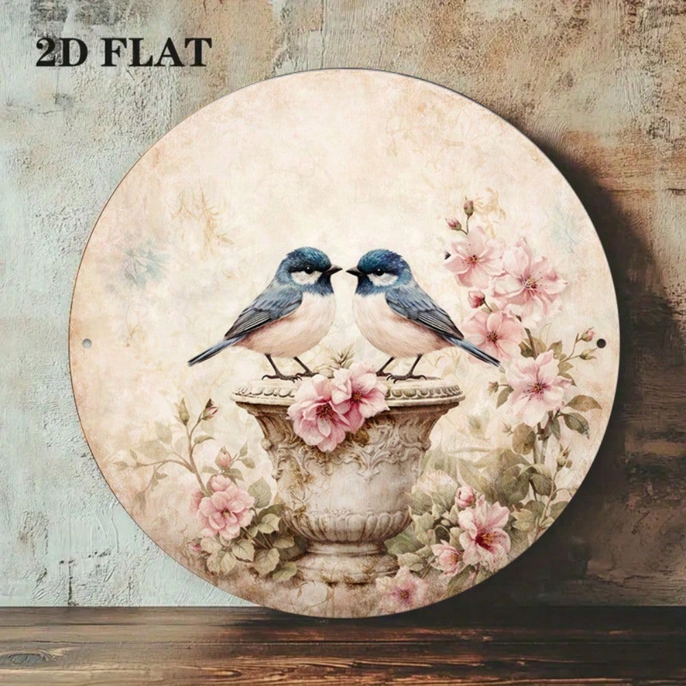 Vintage Bird & Flower Round Sign 8x8in Chinois Style Yard Decor