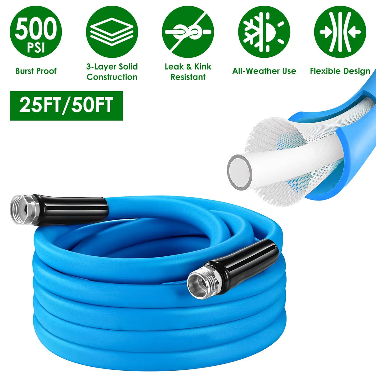 25FT/50FT 5/8" sans allongement tuyau de jardin flexible tuyau d'eau en PVC résistant aux fuites