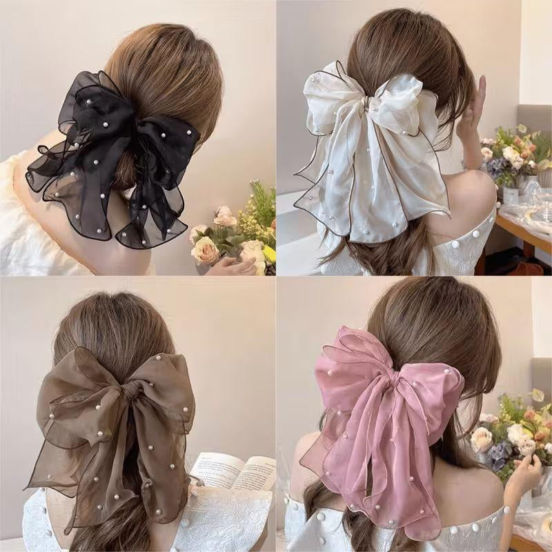 Perle Fil de Neige Large Bow Clip pour cheveux - Accessoire pour cheveux de queue de cheval demi-haut pour femmes auto-épic