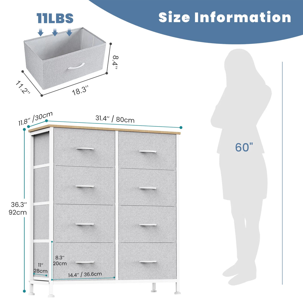 Dresser pour chambre avec 8 tiroirs Dresser haut et coffre de tiroirs Dresser tissu avec Woo