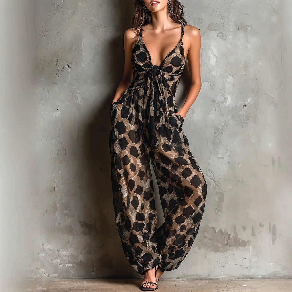 Retro Leopard Print Deep V-neck Tie-detail Strap Jumpsuit