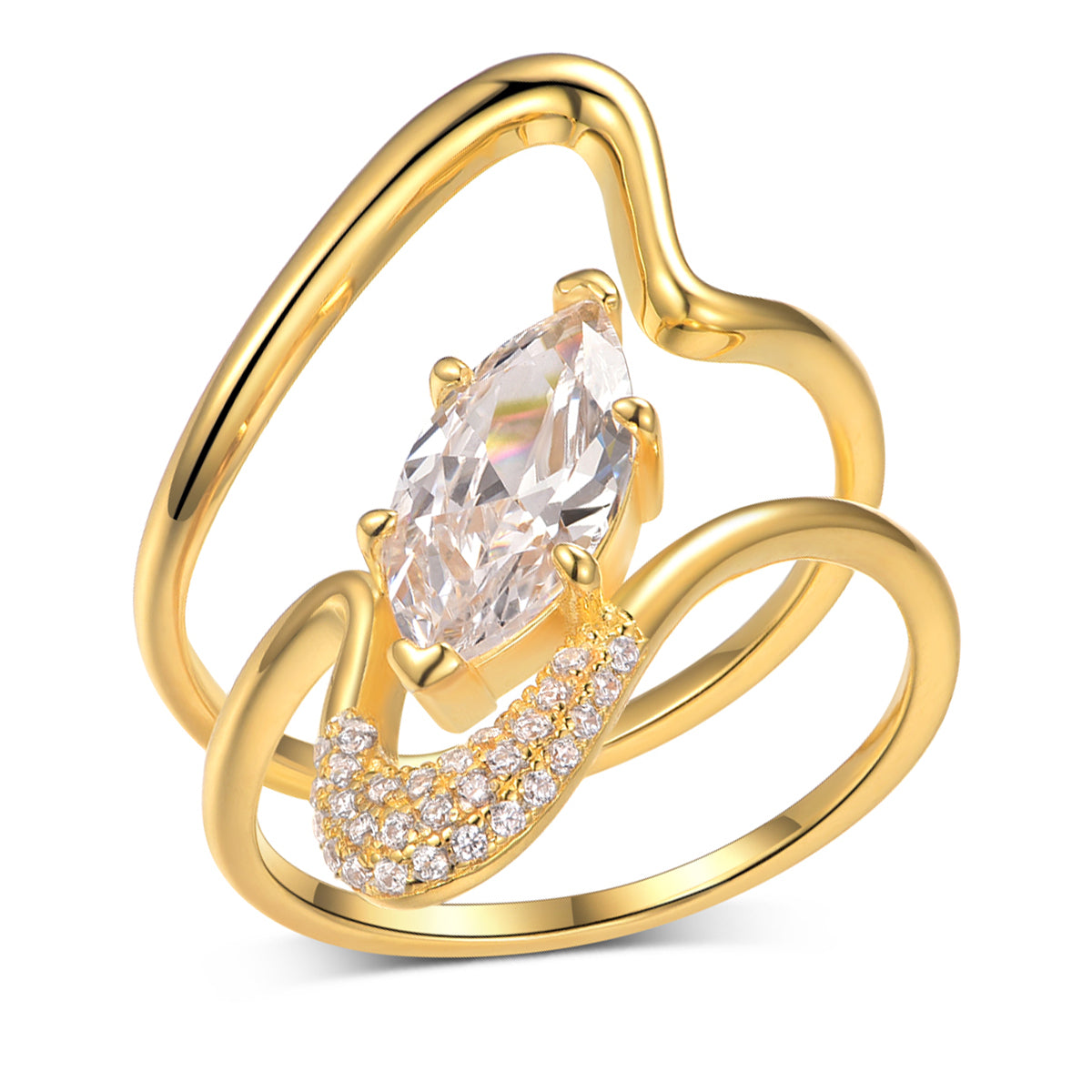 S925 Argent plaqué or 2ct Marquise Moissanite Ensemble de mariage 6x12mm D Couleur VVS1 Wave Wrap C