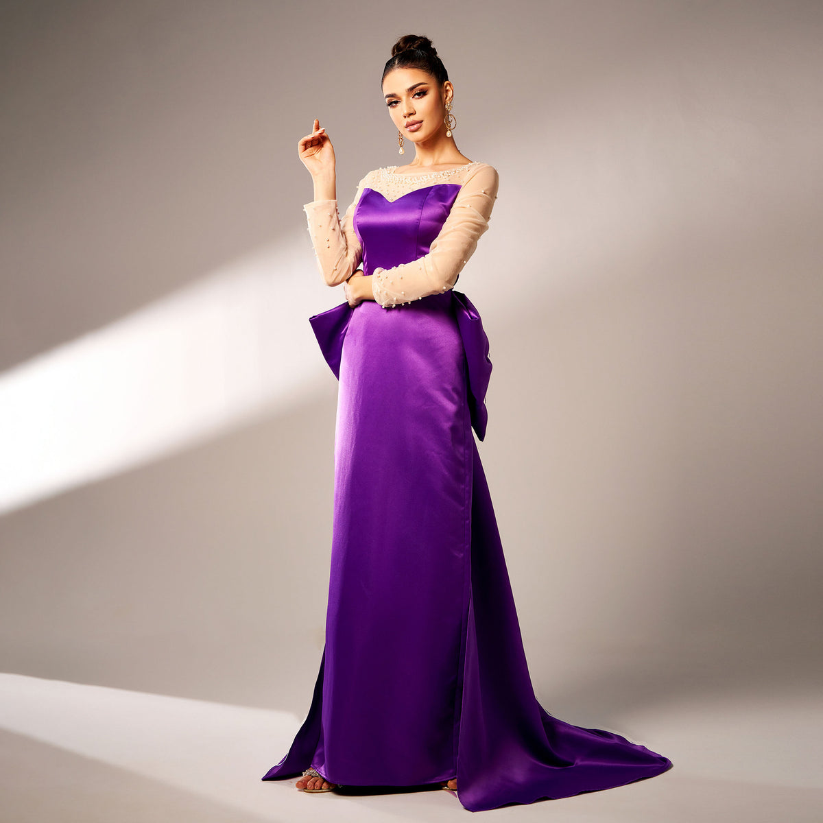Long Sleeves Round Neck Beaded Party Dress with Large Bow