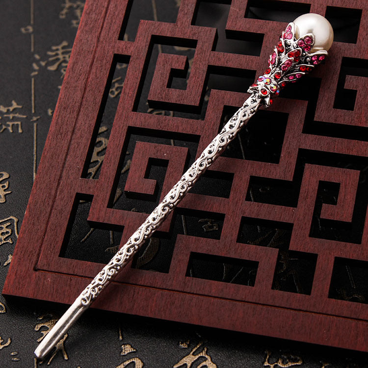 Vintage bronze hair pin with Rhinestones and Pearls