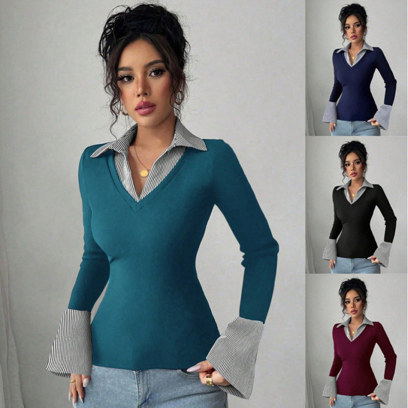 Lapel mode haut casual et chic tricoté avec manches longues