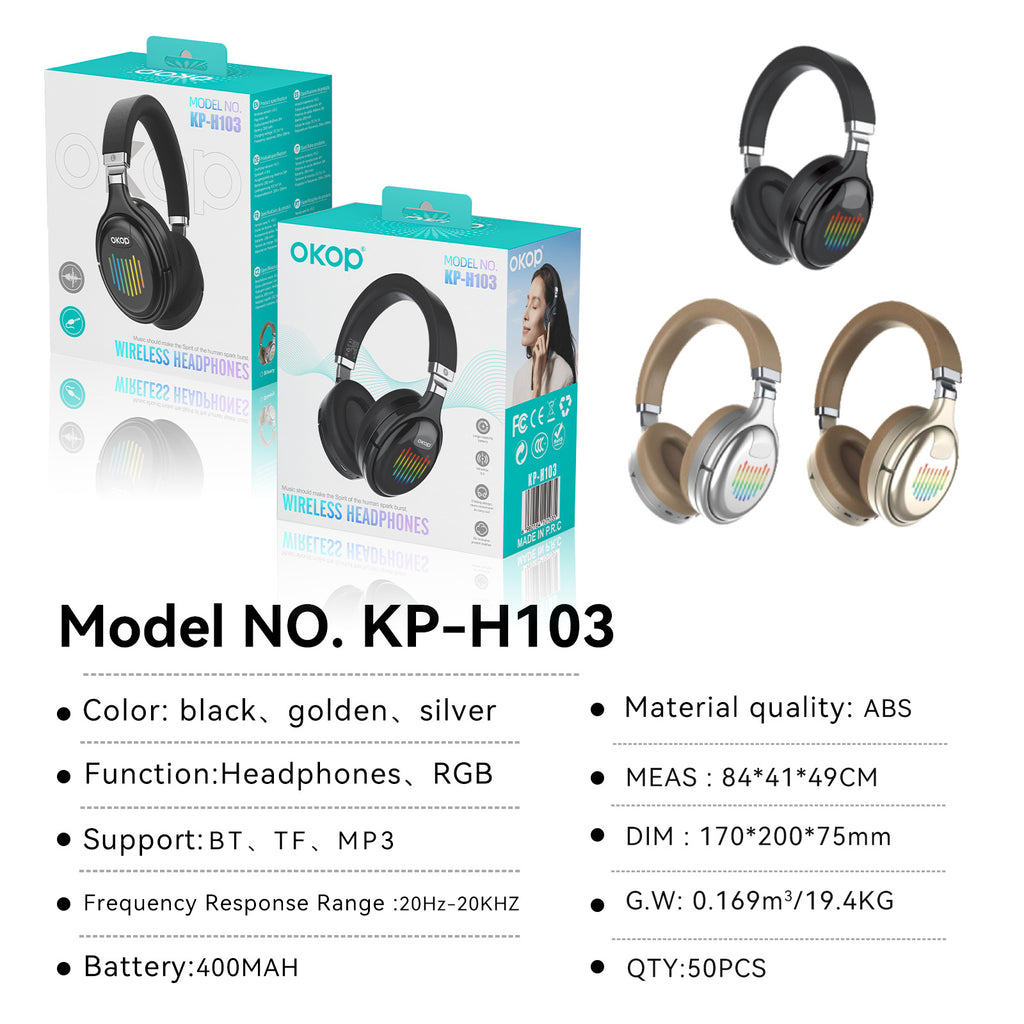 KP-H103 En stock Sur oreille Casque Bluetooth Éclairage ambitant pliable RGB Bruit actif