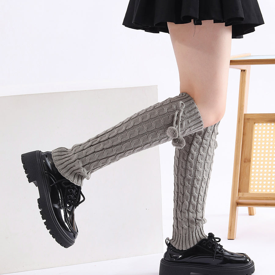 Automne Hiver Populaire Jambe inférieure Knit Chaussettes Black White Câble tricoter petite boule Bow