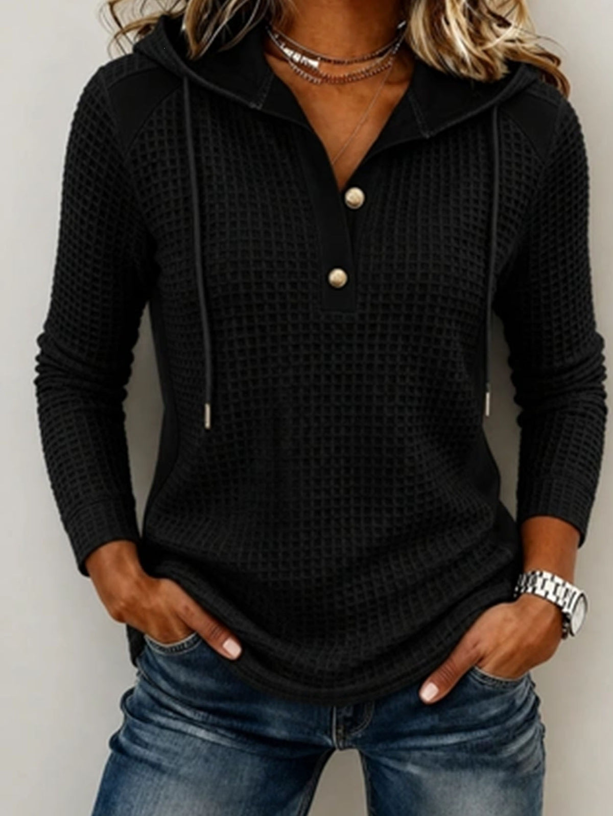 Anno's Auto-développé Européen et American Women's Fashion Casual Waffle Knit Hooded Swea