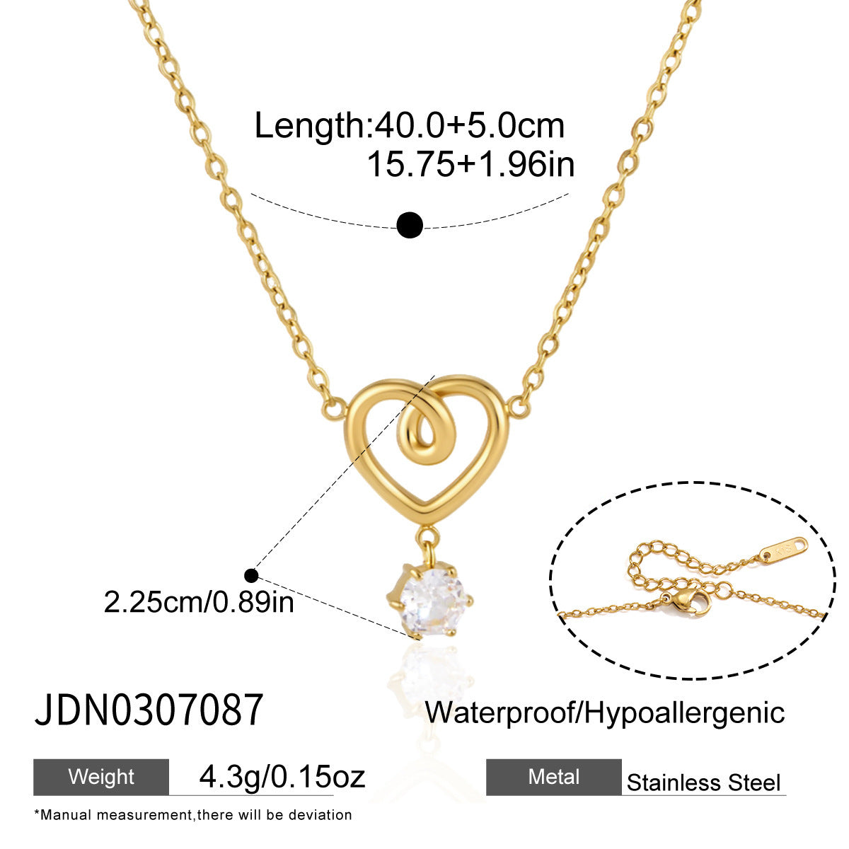 Collier en acier de titane Zircon en forme de cœur pour femmes