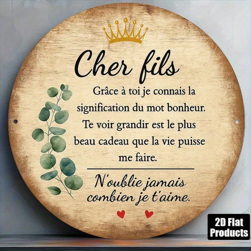 Cher fils Français rond aluminium panneau 8x8in Vintage Wall Art