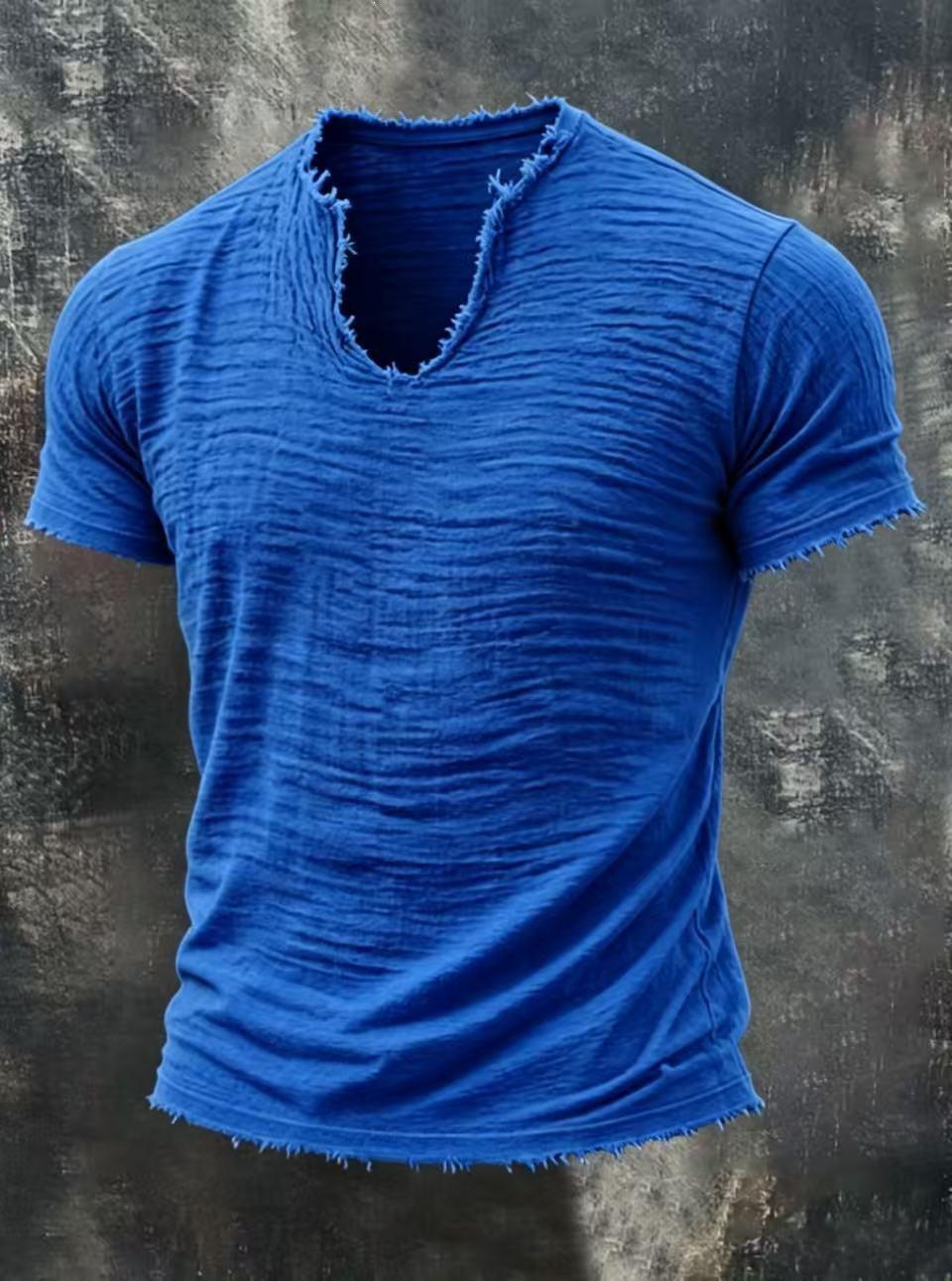 T-Shirt rétro doublé de coton avec l'ourlet en plumes et un manches courtes distinctive V-Neck