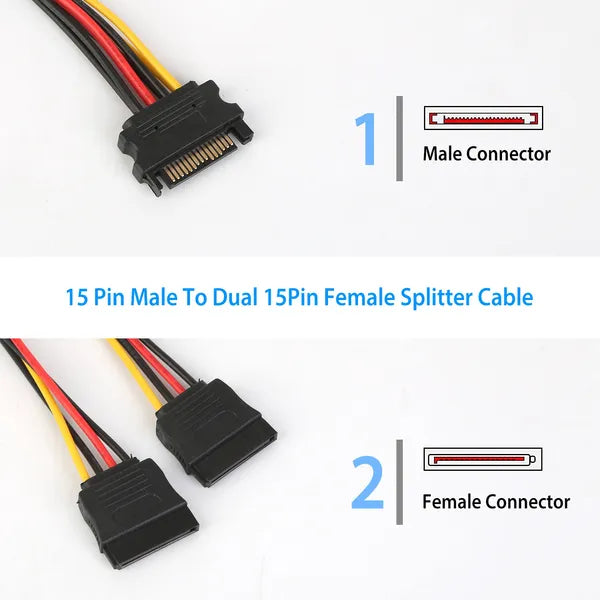 15 Pin Y Splitter Cable Adapter Male to Female Converter Cord for Hard Drive